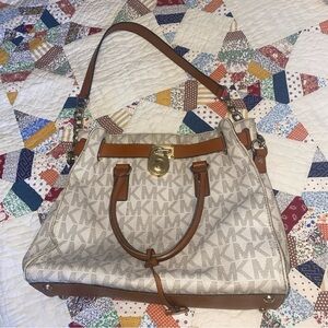 Michael Kors Cream MK Signature Shoulder Satchel with Cedar Trim